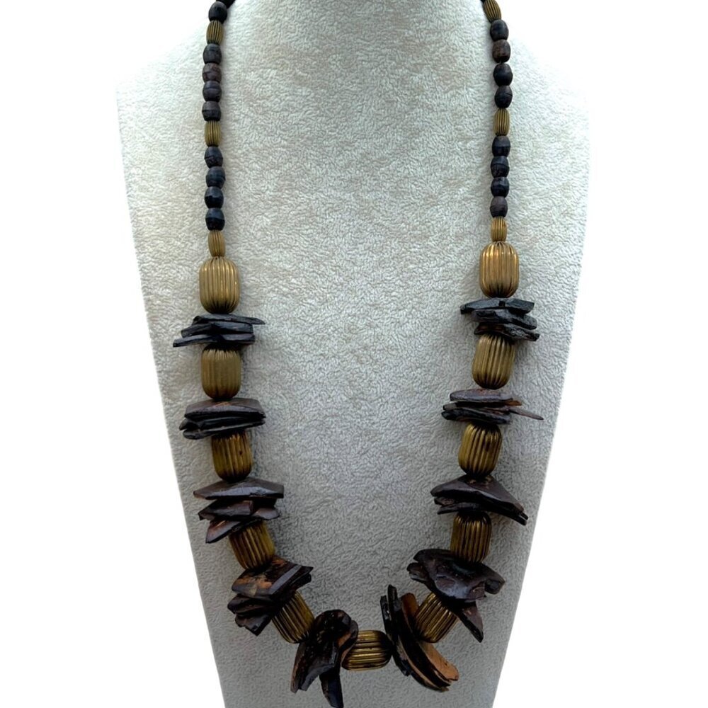 Vintage Beaded Necklace With Chunky Brown Wood & Brass Accents.  C10